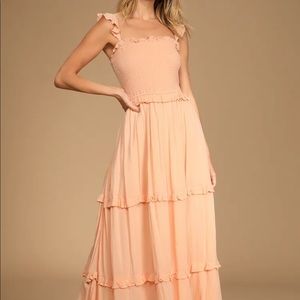 NWT Fun Afternoon Peach Pink Smocked Tiered Maxi Dress